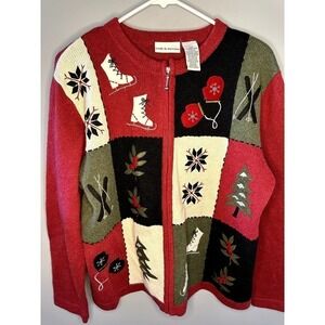 Croft & Barrow Winter Themed Long Sleeve Zip Up Ugly Sweater Red Women's Large